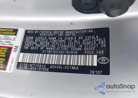 2011 Toyota Camry Le z USA, uszkodzony, nr VIN 4T1BF3EKXBU182848